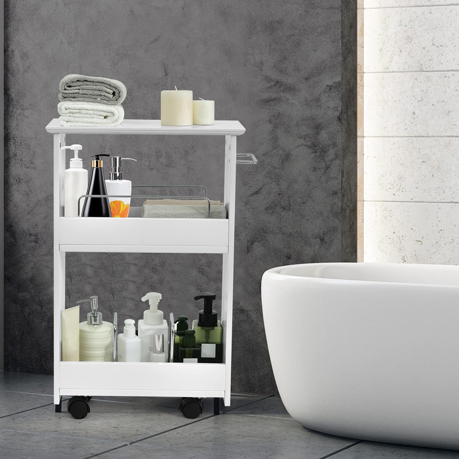 GOPLUS Chariot de Salle de Bain Mince, Meuble de Rangement à roulettes avec 2 étagères, Roue Verrouillable, Porte-Serviettes, pour Cuisine, Salle de Bain, 46x20x65cm, Blanc