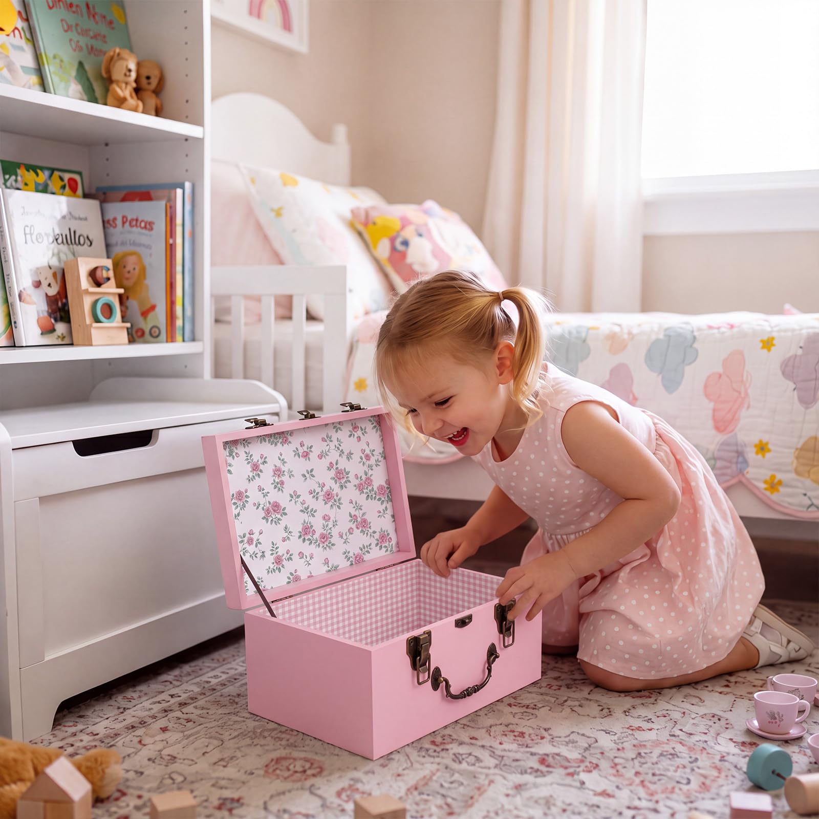 SiliFine Scatola dei ricordi rosa in legno, grande, per neonati, genitori, battesimo, regalo di compleanno, per ragazze, primo ricordo, per baby shower, 27,9 x 22,50 x 12,50 cm