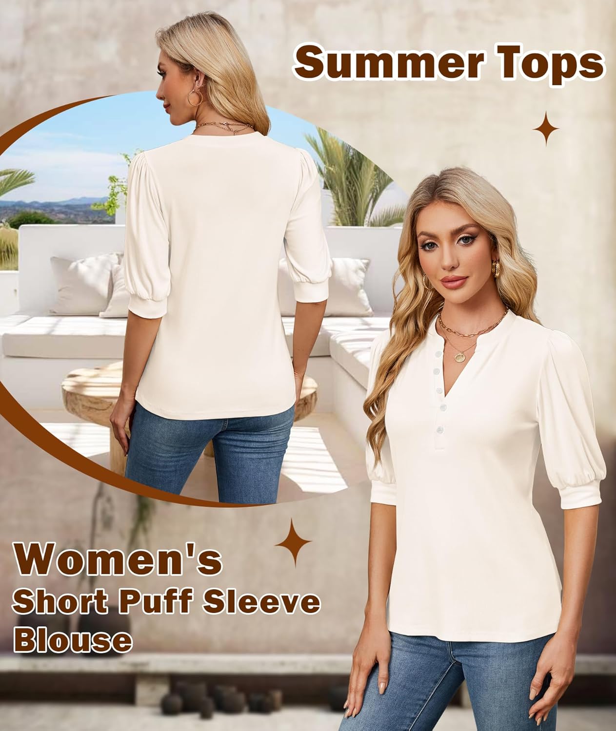Summer Tops for Women 2026 Trendy Dressy Casual Blouse Puff Short Sleeve Shirts Knit Henley V Neck T Shirt Tunic - Image 3