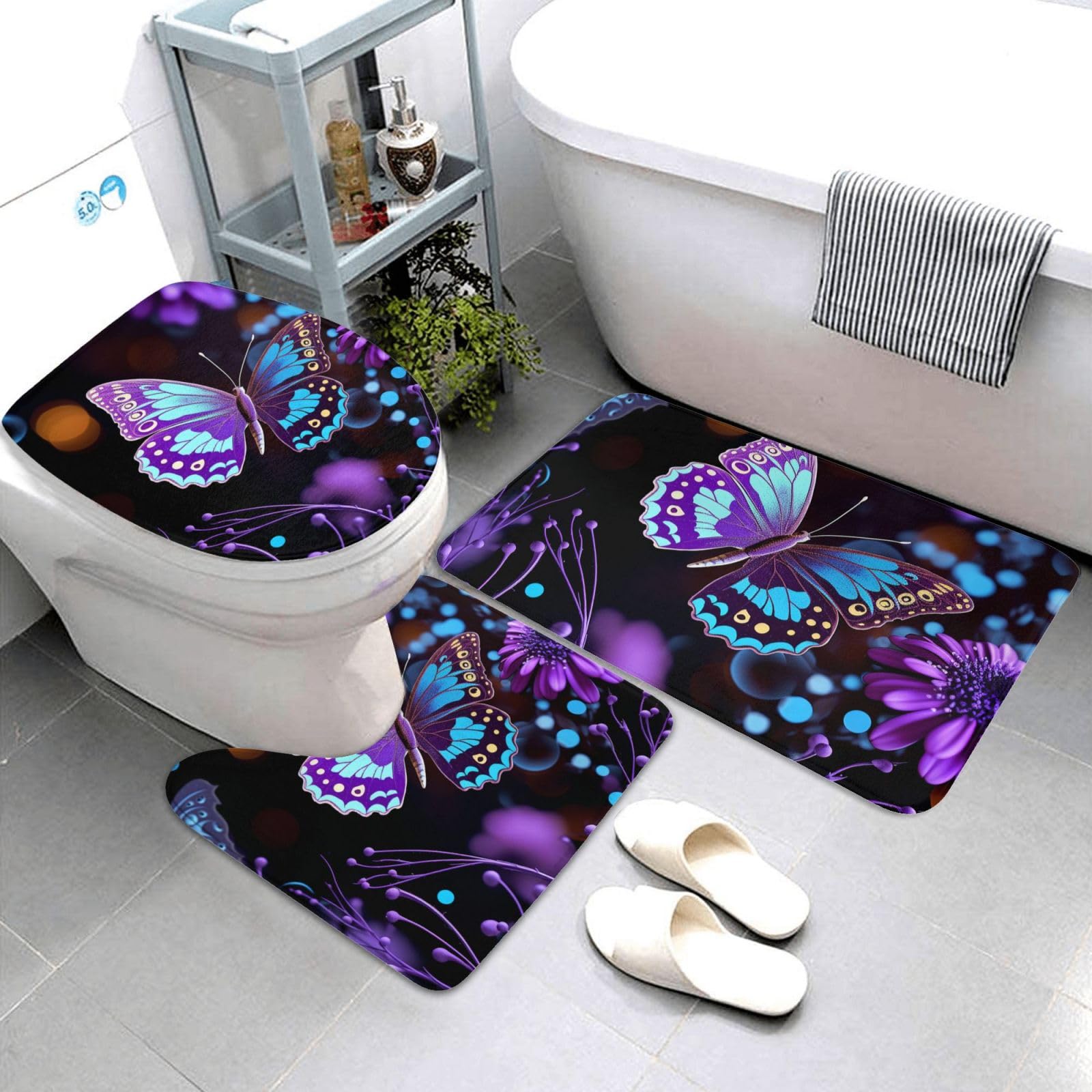 Tapis de bain papillon violet ensemble 3 pièces lavable pour une hygiène parfaite des WC