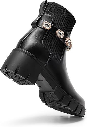 Miniatura 3 de DREAM PAIRS Botines elásticos Chelsea para mujer, con suela de lengüeta de moda, tacón grueso, sin cordones, para otoño, botas cortas