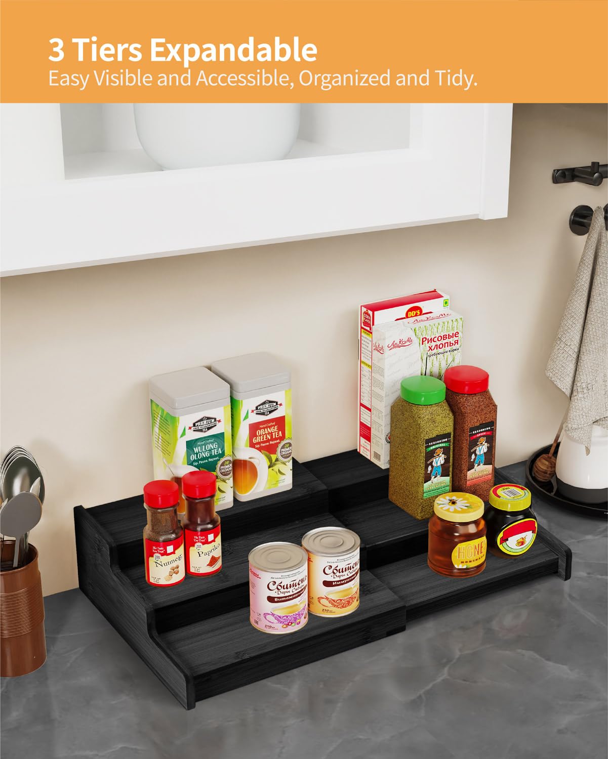 VenDotbi Organizador de especias, organizador de especias de bambú expandible de 3 niveles, ideal para armario de cocina, armario, despensa y más, negro (paquete de 2)