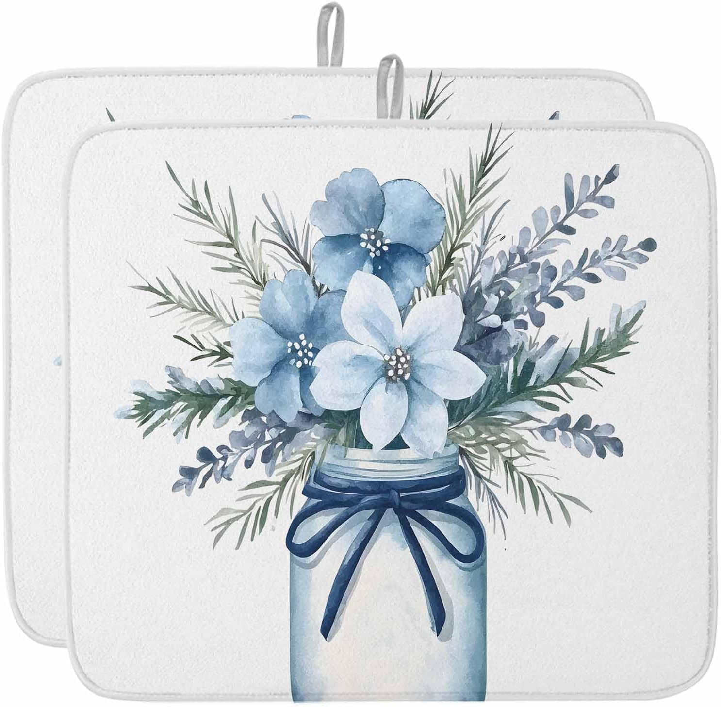 Dish Drying Mat Set of 2 Blue Flower Microfiber Absorbent Reusable Washable Dish Drying Rack Mat Ribbon Vase Coffee Mat for Coffee Maker Bar Kitchen Countertops 18x24inch