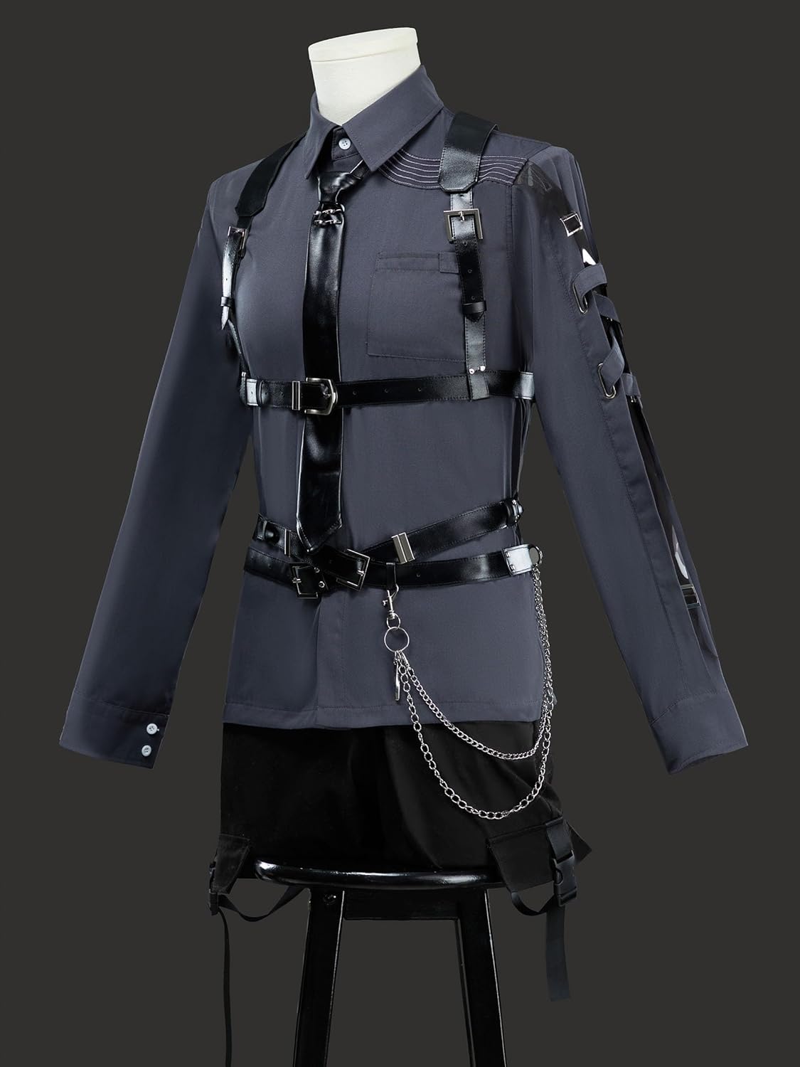 miccostumes Unisex Cosplay Accessory Black Leather Body Harness Belt Set with Waist Chain Gloves Necktie
