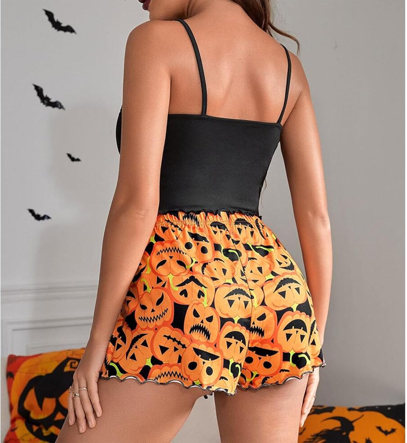 RUEWEY Women 2Pc Pajamas Set Pumpkin Print Lettuce Trim Cami and Shorts Sleepwear - Image 5