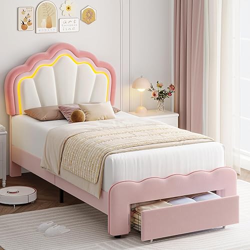 Miniatura 13 de HOSTACK Base de cama LED tapizada tamaño Queen con cajones de almacenamiento, bonita cama para niñas con cabecera de loto ajustable, marco de cama