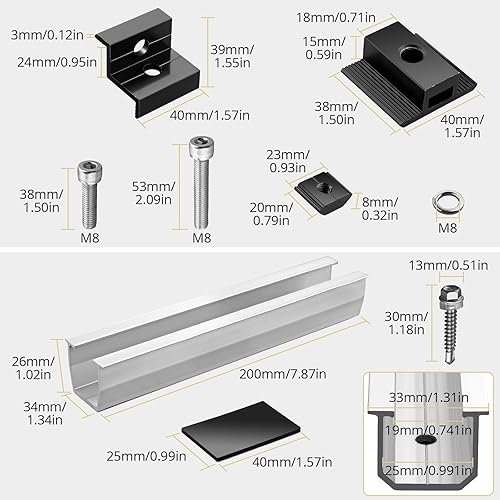Miniatura 3 de Kit de soporte de panel solar de 6 piezas de 1.181 in1.378 in, riel de montaje de aluminio incluye 4 abrazaderas de extremo, 2 abrazaderas