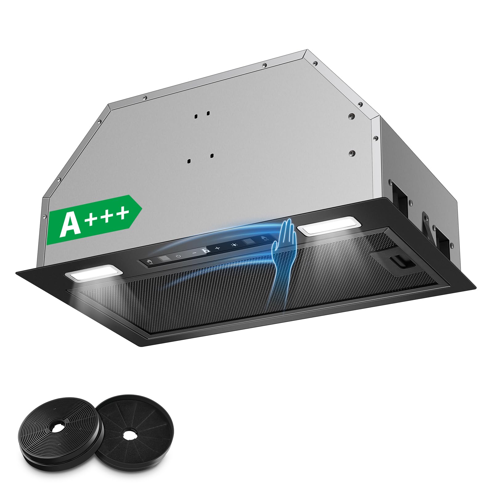 Einbau Dunstabzugshaube 52cm 750m³/h Abluft/Umluft Schwarz Gestensteuerung Touch 3 Leistungsstufen Booster Aktivkohlefilter
