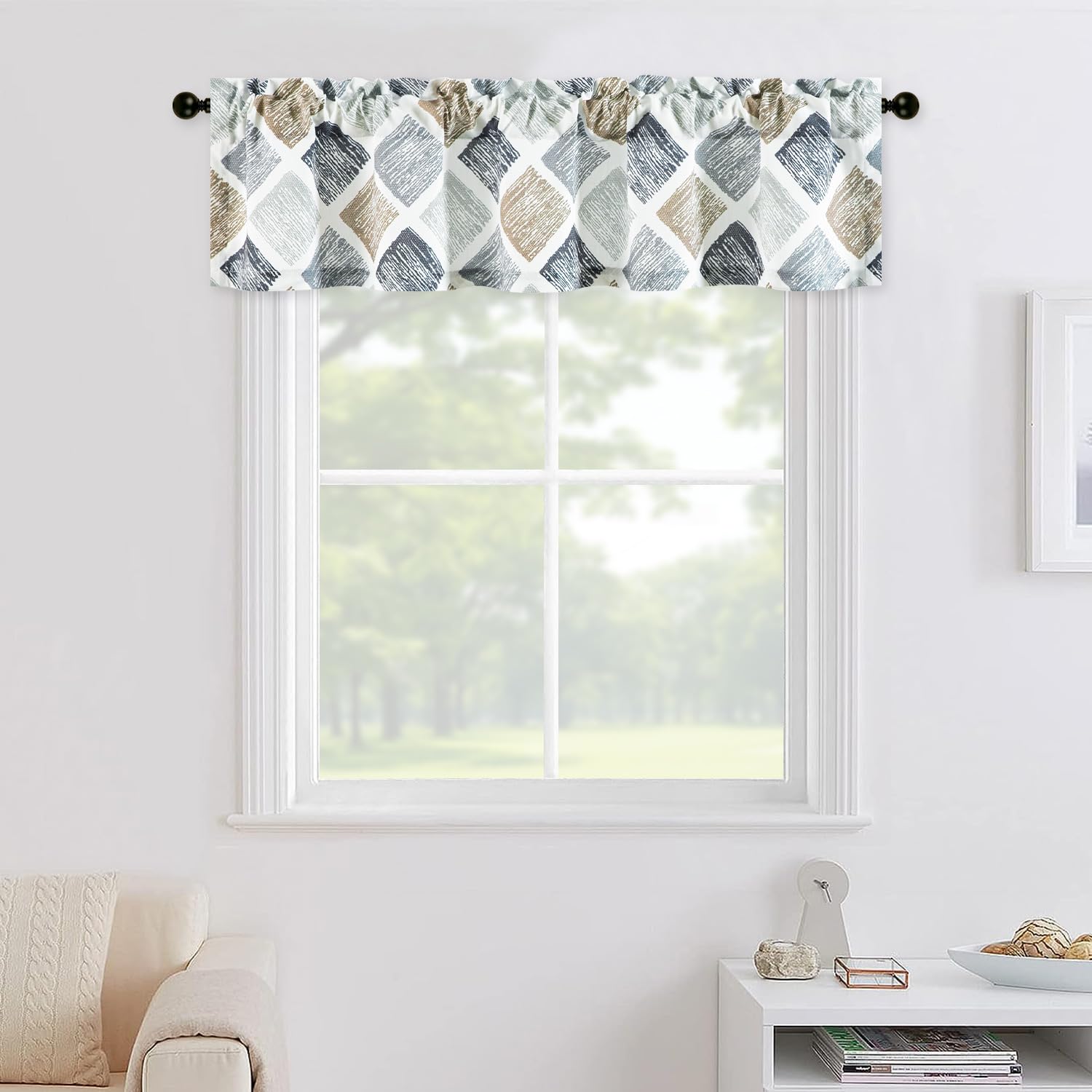 Leeva Geometric Patterned Valances for Bedroom, Modern Elegant Brown & Grey Printing Faux Linen Kitchen Curtains, Rod Pocket Window Valance 12 Inches