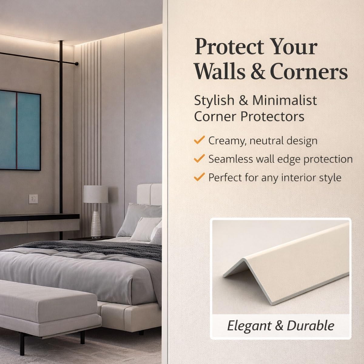 Protector de Esquinas de Pared PVC Autoadhesivo, Cantoneras de Pared 90 Grados, Perfil Angular Flexible para Protección de Esquinas de Muebles y Paredes(Creamy Beige,6m/236.2in)