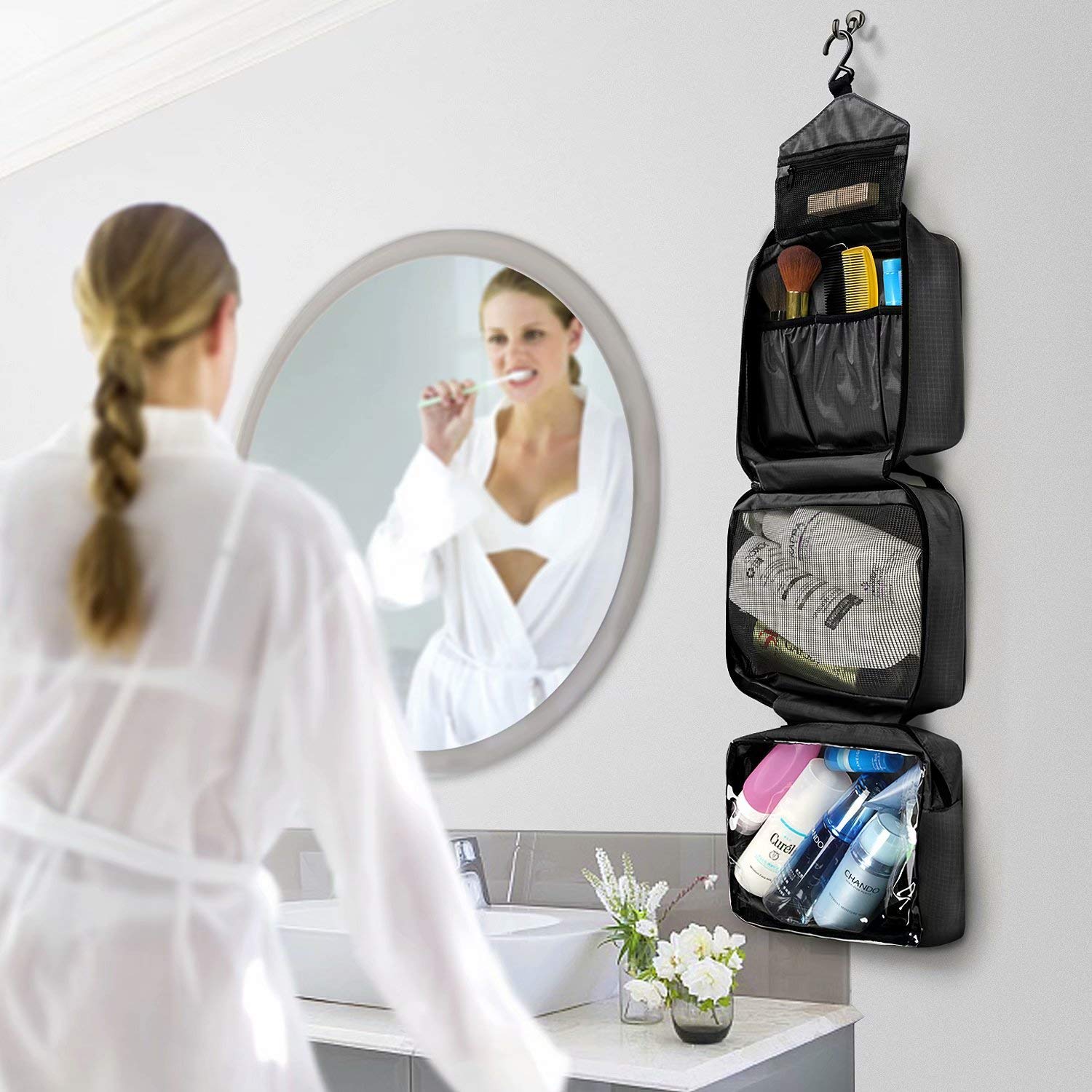 Toiletry Bag for Men & Women | Large Toiletry Bags for Traveling | Hanging Compact Hygiene Bag with 4 Compartments | Waterproof Bathroom Shower Bag (Black) : Beauty & Personal Care