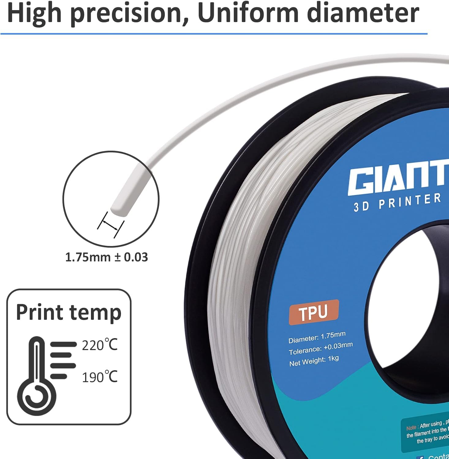 TPU Filamento per stampante 3D, Filamento TPU GIANTARM 1,75 mm, precisione dimensionale +/- 0,02 mm,1 kg, Bianco