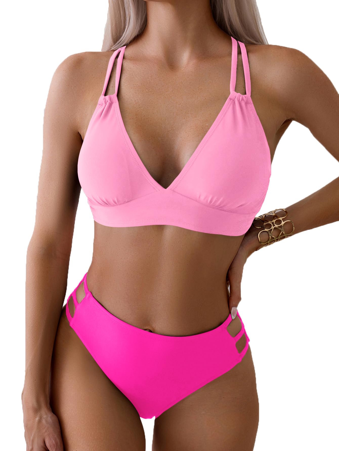 Fanuerg Women's Sexy V Neck Bikini Sets Hollow Out Two Piece Swimsuits Cutout Mid Waist Bathing Suit