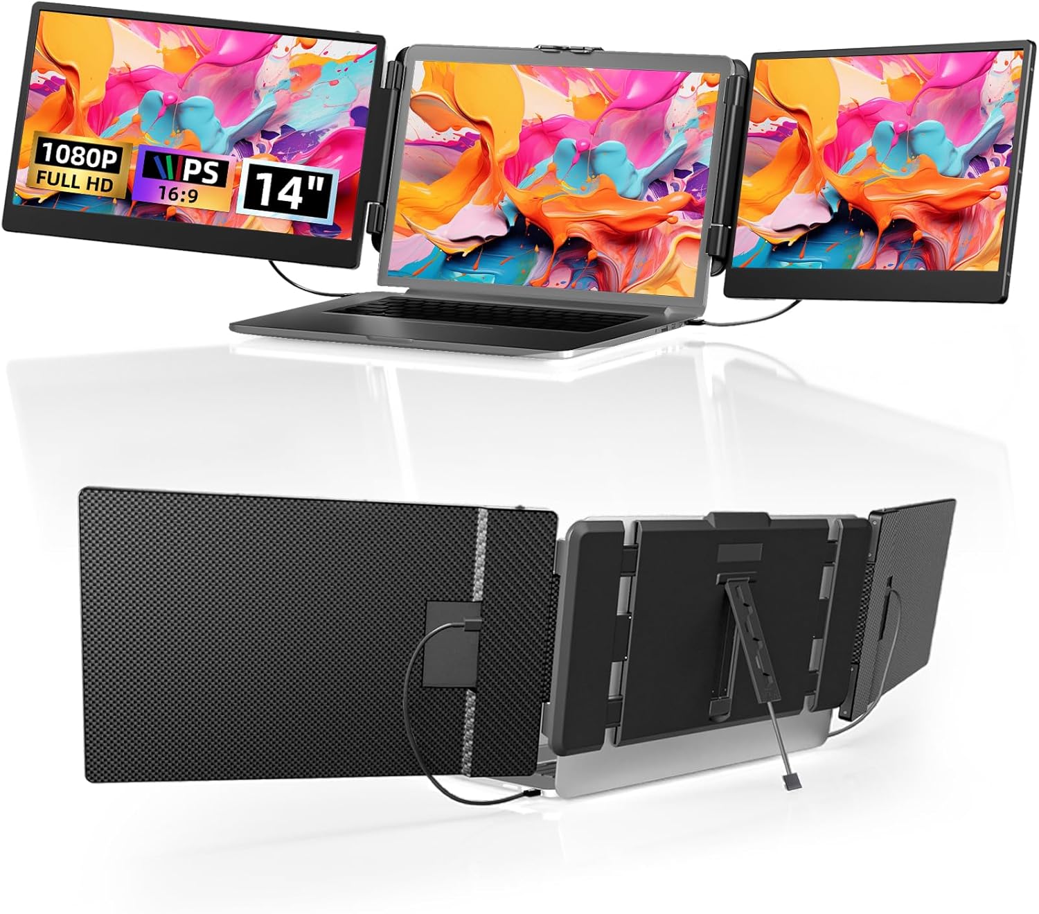 Double Ecran PC Portable 14" FHD 1080P IPS Multi Triple Ecran PC Portable Moniteur Portable Monitor Extension Ecran pour 13,3-17" Ordinateur Portable Compatible avec Windows Linux Chrome