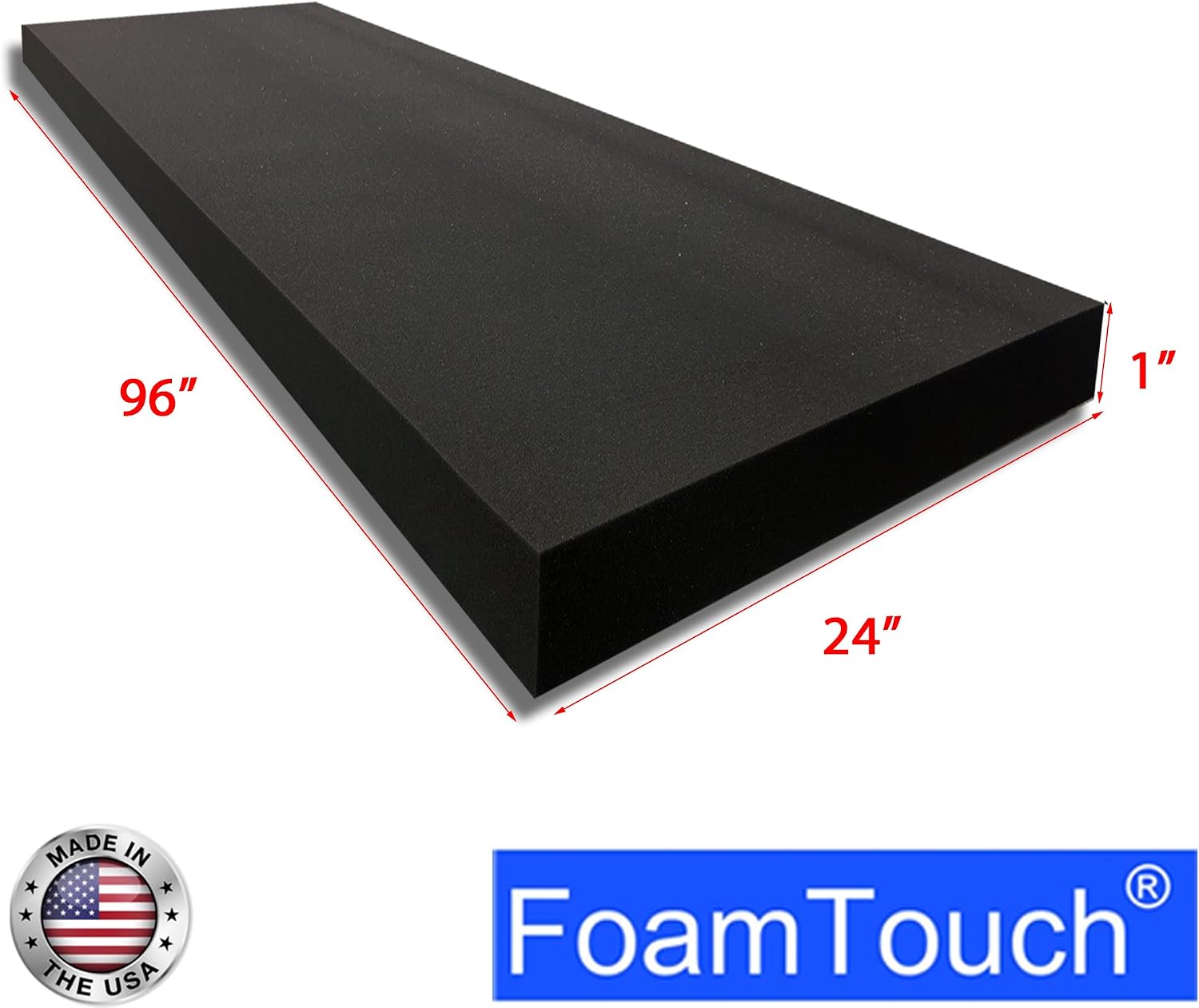 FoamTouch 1" Thick x 24" Wide x 96" Long Charcoal High Density Foam, Ideal for Foam Padding, Seat Replacement, Chair Cushion Replacement, Wheelchair Seat Cushion and More
