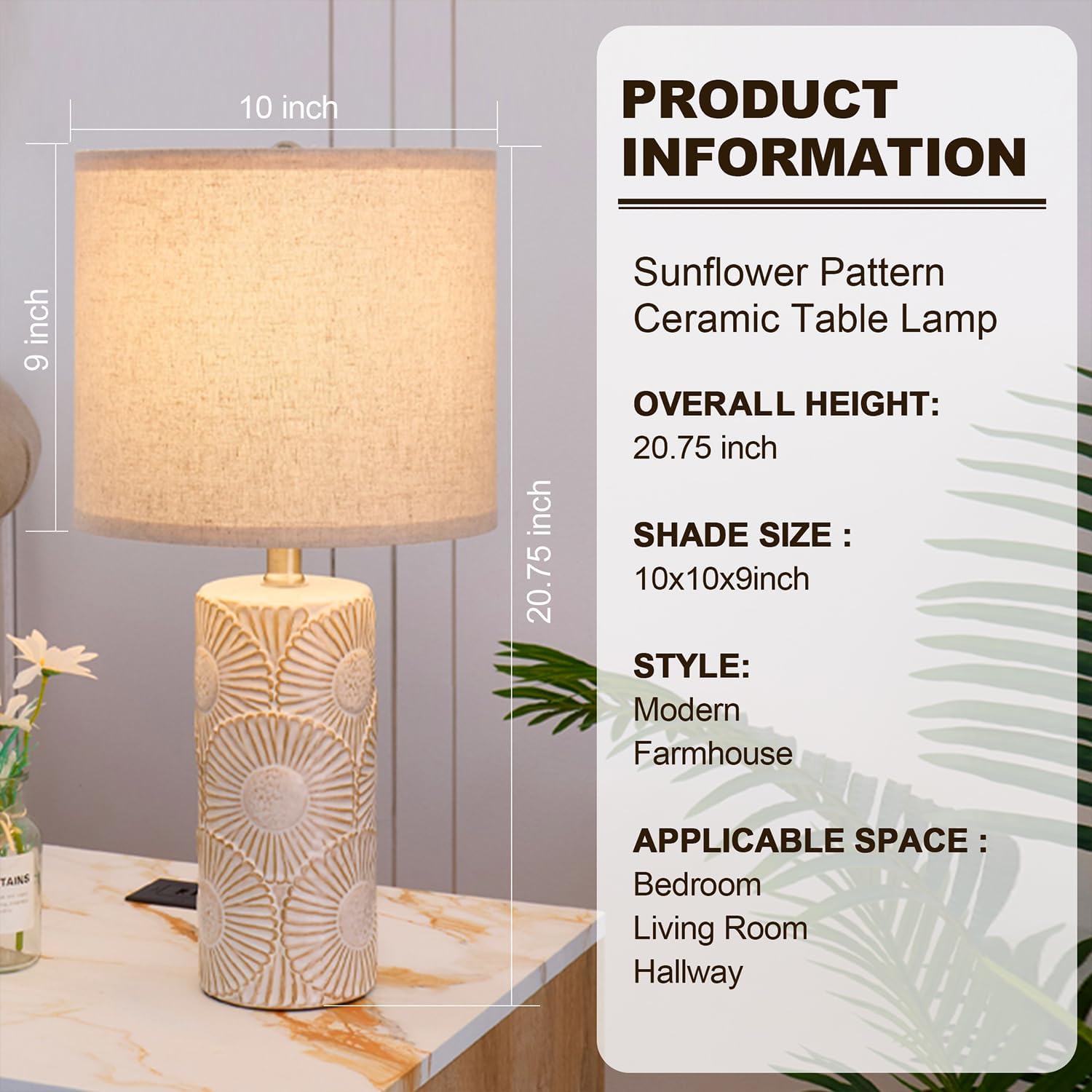 20.75" White Ceramic Lamps Set of 2 with Floral Design, Farmhouse White Table Lamp for Living Room, Bedroom, Beige Lamps for Nightstands Set of 2