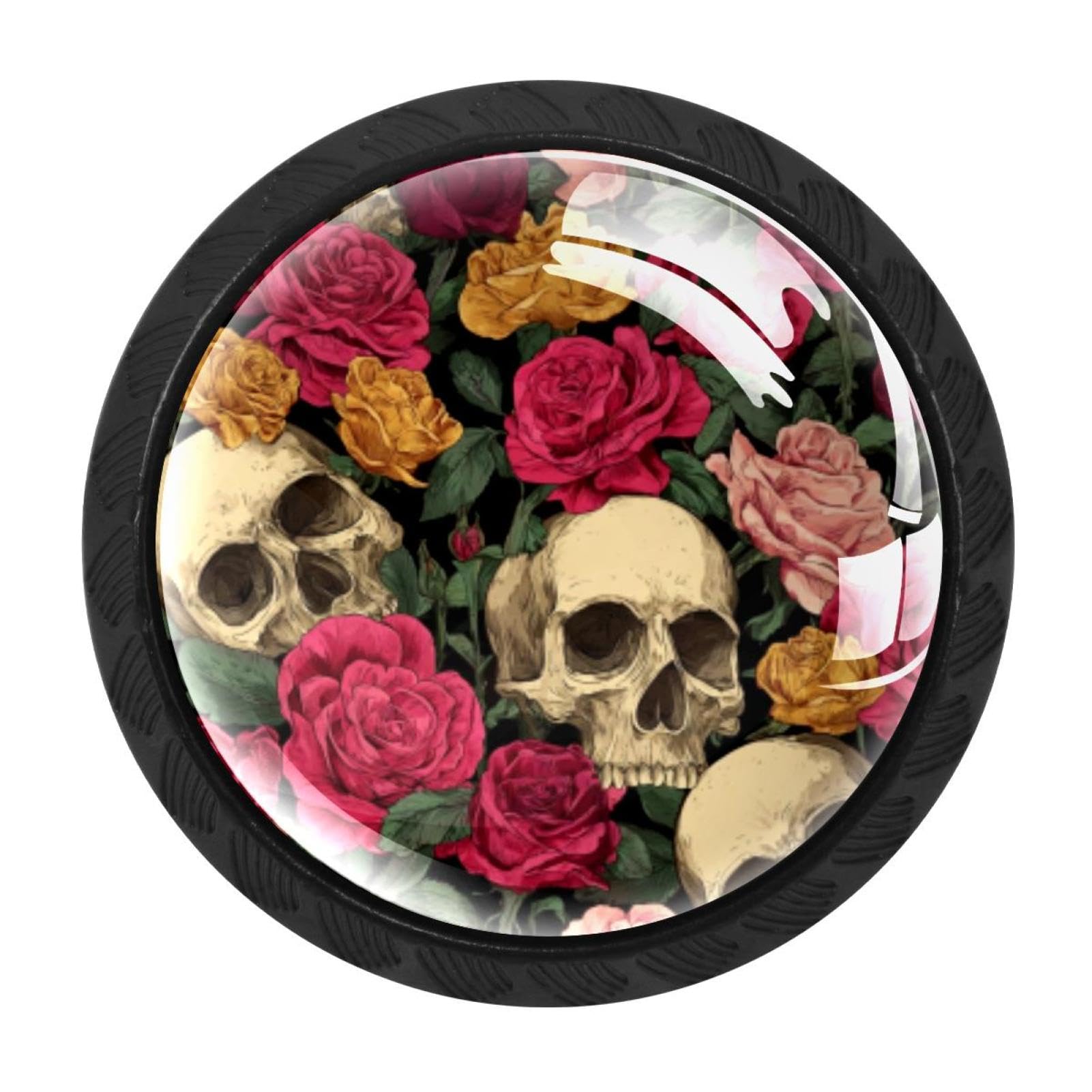 CHENZZZZ 4 Pack Drawer Knobs, Black Handle Dresser Drawer Pulls, Round Decoration Cabinet Hardware Pulls with Screws for Kitchen Cupboard Wardrobe, Skull Roses (2)