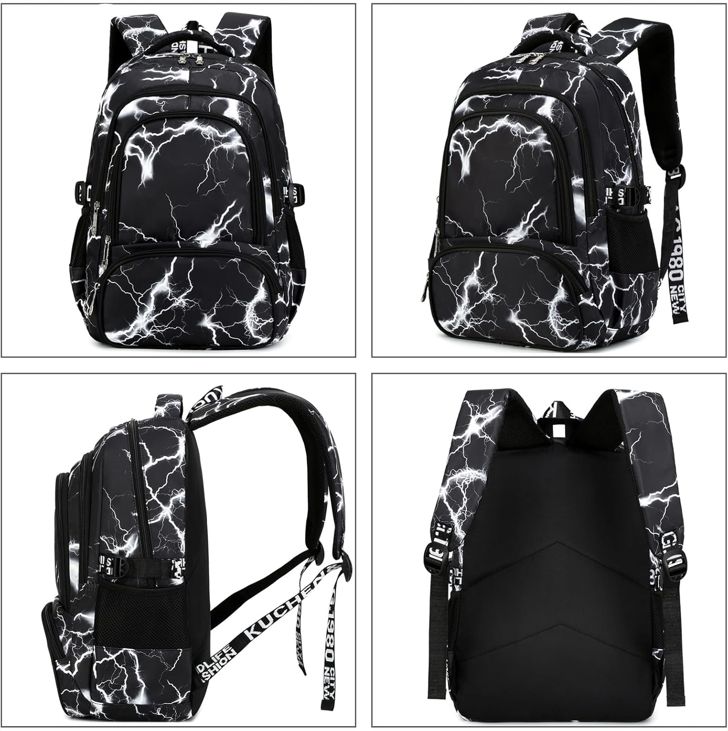 School Backpack Lunch Box Set Water Repellent Casual Daypack Lightweight Bookbags for Kids (A-style Lighting Black)