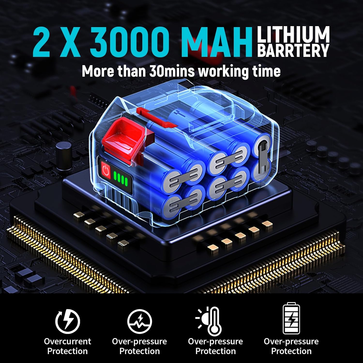 Diagram of ONEVAN 3000 mAh lithium-ion battery with protection features