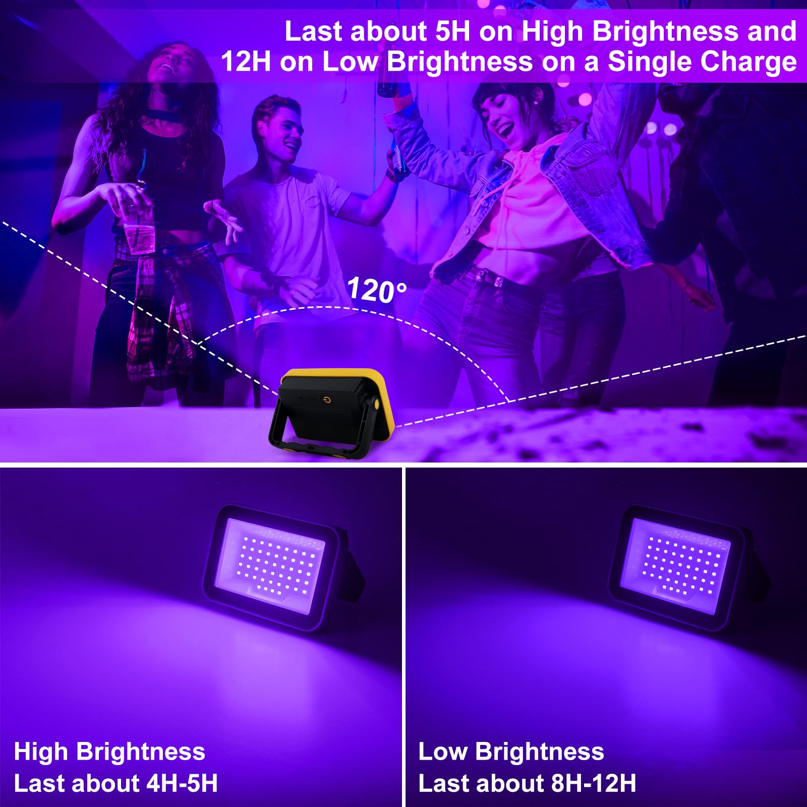 T-SUNUS Foco LED Negra Recargable, 2 Piezas Luz Negra UV con Batería, 2 Niveles de Intensidad, Impermeable IP66, Lámpara de Escenario con Imán, para Halloween Navidad Fiestas Bar
