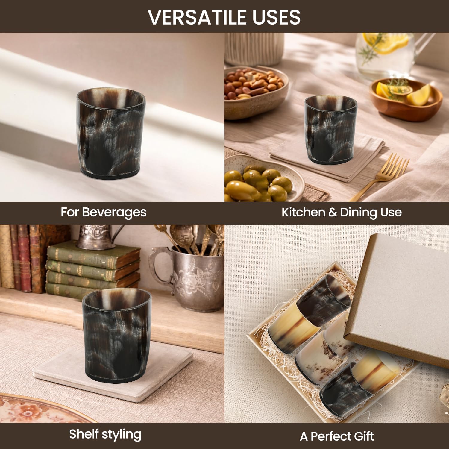 Handicrafts Home Handmade Horn Shot Glasses Set of 8, 3 oz Natural Viking Drinking Whiskey Shots for Cocktails & Parties- Medieval Decor Gift Set for Men & Groomsmen, Unique Bar Shot