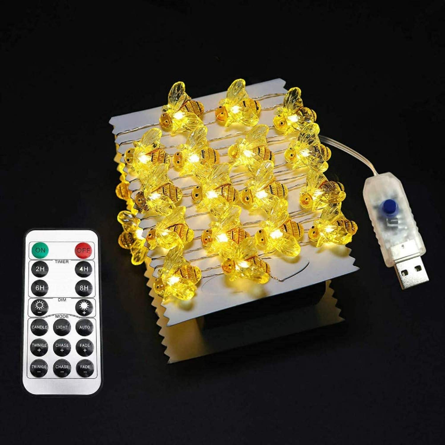 Crystal Honey Bee String Lights Fairy Starry Light 14ft 40 LED Decorative USB Powered 8 Modes Remote Timer for Bedroom Christmas Halloween (Honey bee, 40LED)