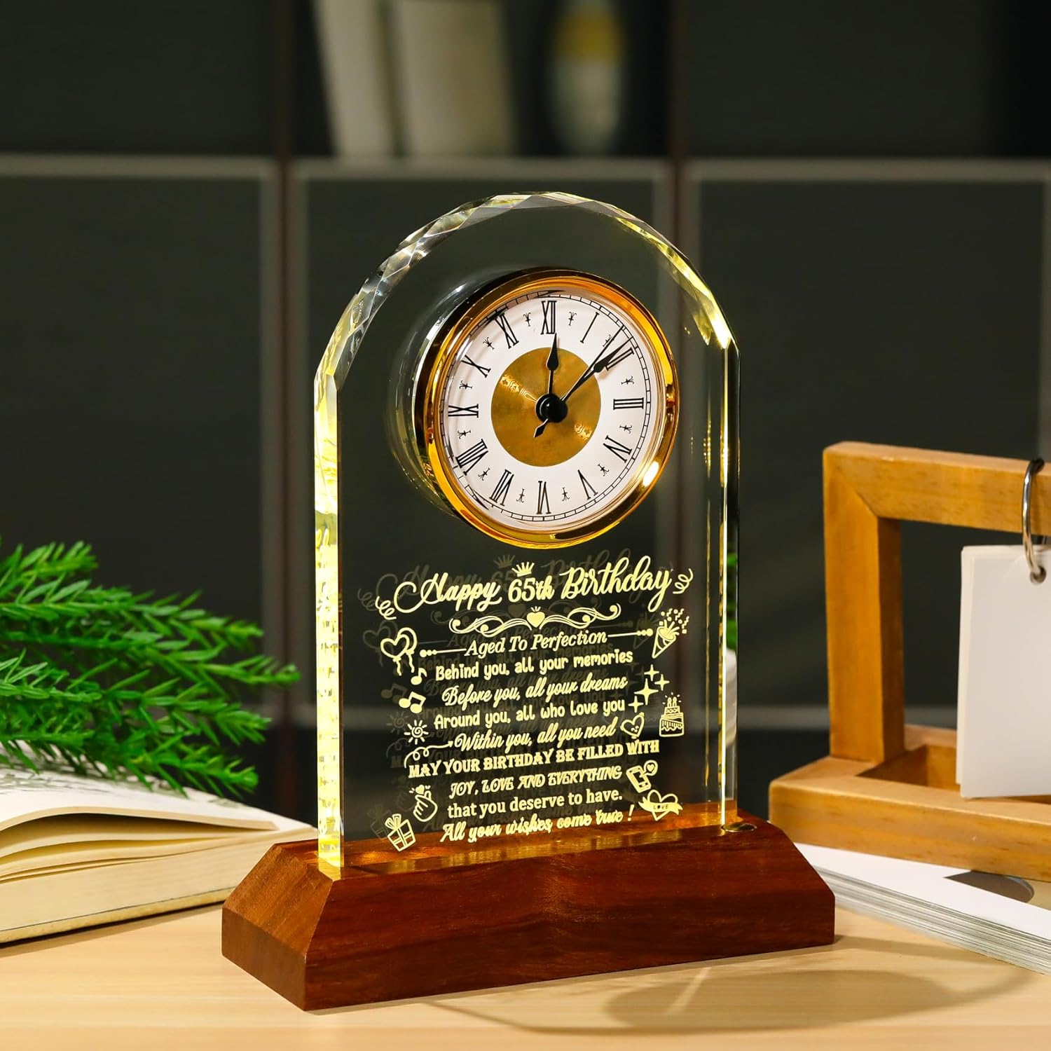 Happy 65th Birthday Crystal Clock Gifts for Women Men 65 Years Old Birthday Present for Parents 65th Quartz Clock Birthday Gifts with Wooden LED Light Base for Her Him