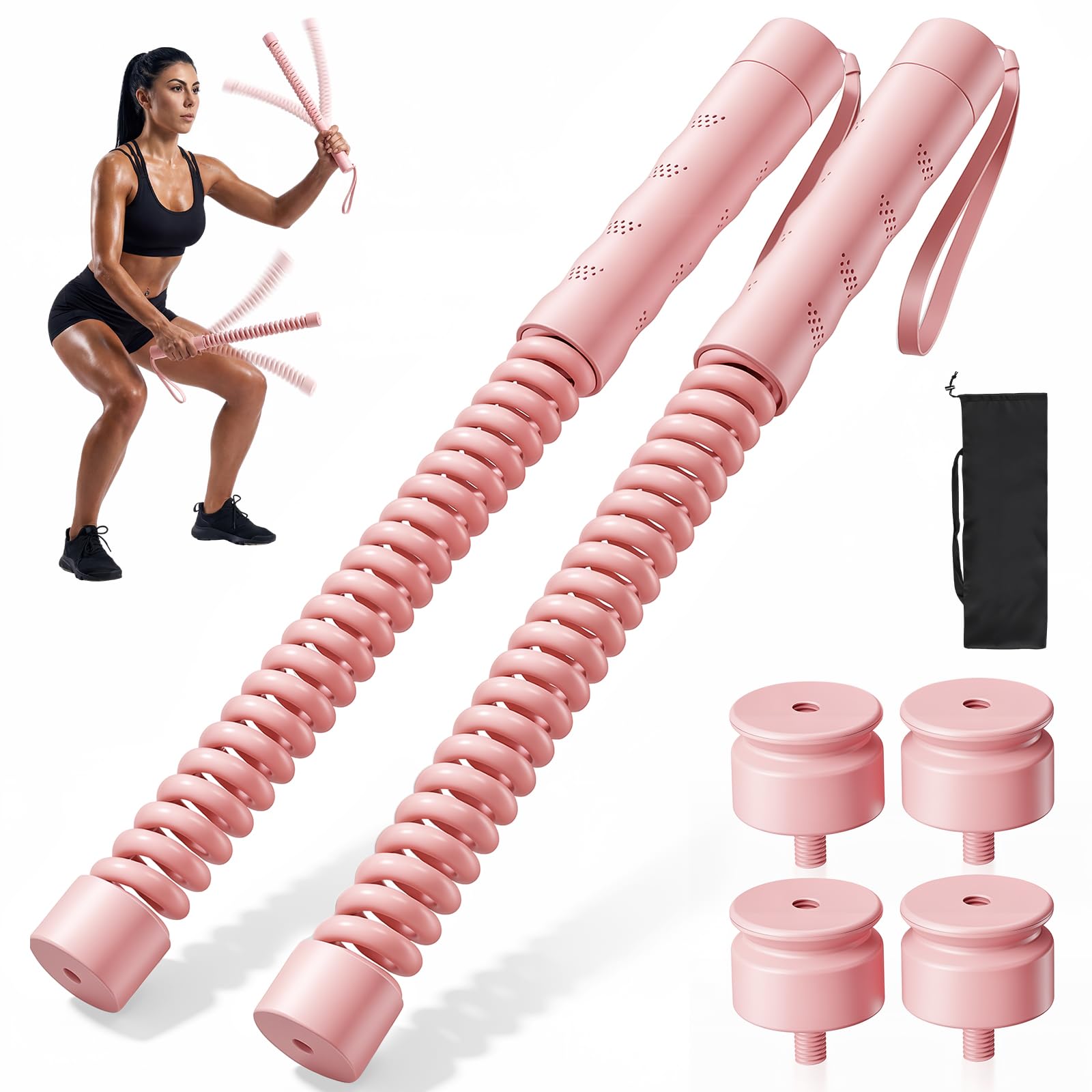 Ropeless Battle Ropes for Home Workout, Portable Cordless Battle Rope with 4 pcs x 50g Counterweights & Storage Bag, Weighted Ropeless Battle Ropes suitable for HIIT, Strength & Cardio (Pink)