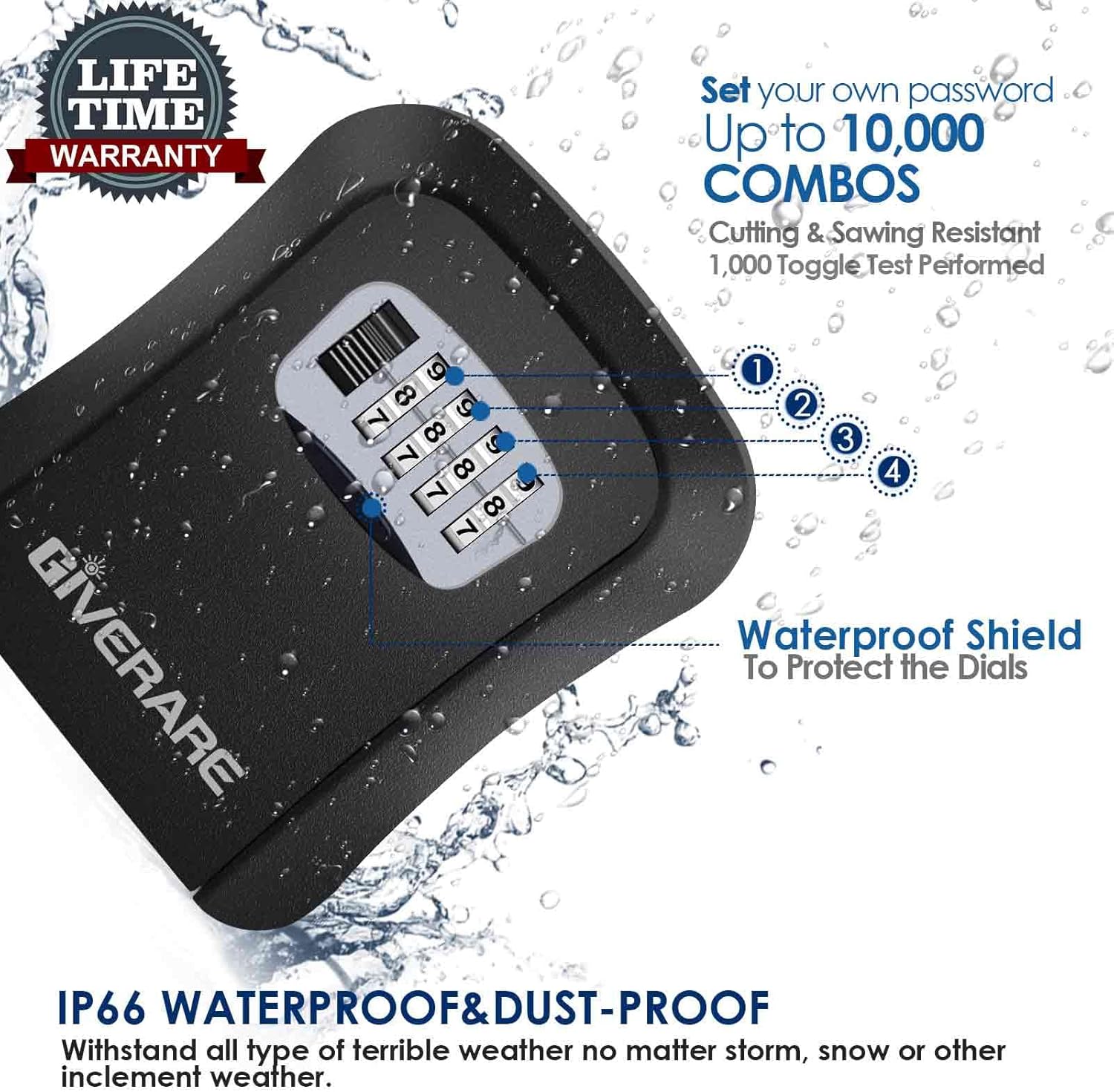 GIVERARE Key Lock Box Combination 4 Digits, Aluminum Alloy Lockbox, Metal Waterproof Wall Mount Outdoor Key Hider, Resettable Security Password Box with Mounting Kit & Dust-proof Cover, Black