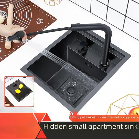Kitchen Bar Stainless Steel Hidden Sink Invisible Small Single Slot with Cover Lifting Pull-Out Faucet Vegetable Hand Washing Basin(32 * 39 * 22cm)