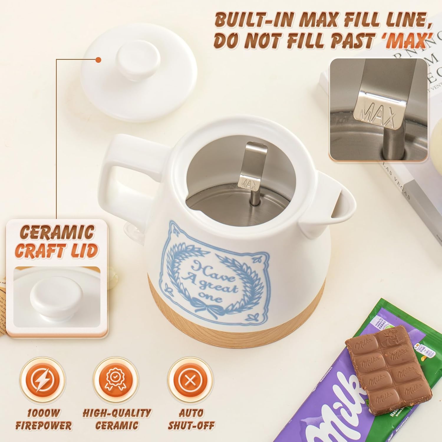 Ceramic Electric Kettle Pot 1 Liter, Teapot Rapid Boil For Coffee & Tea, Hot Water Boiler, Automatic Shut-Off, BPA-Free, Boil-Dry Protection, 1000W