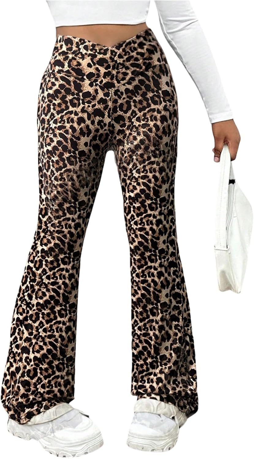 WDIRARA Girl's Leopard Flared Pants Crossover High Waisted Leggings Bootcut Pants