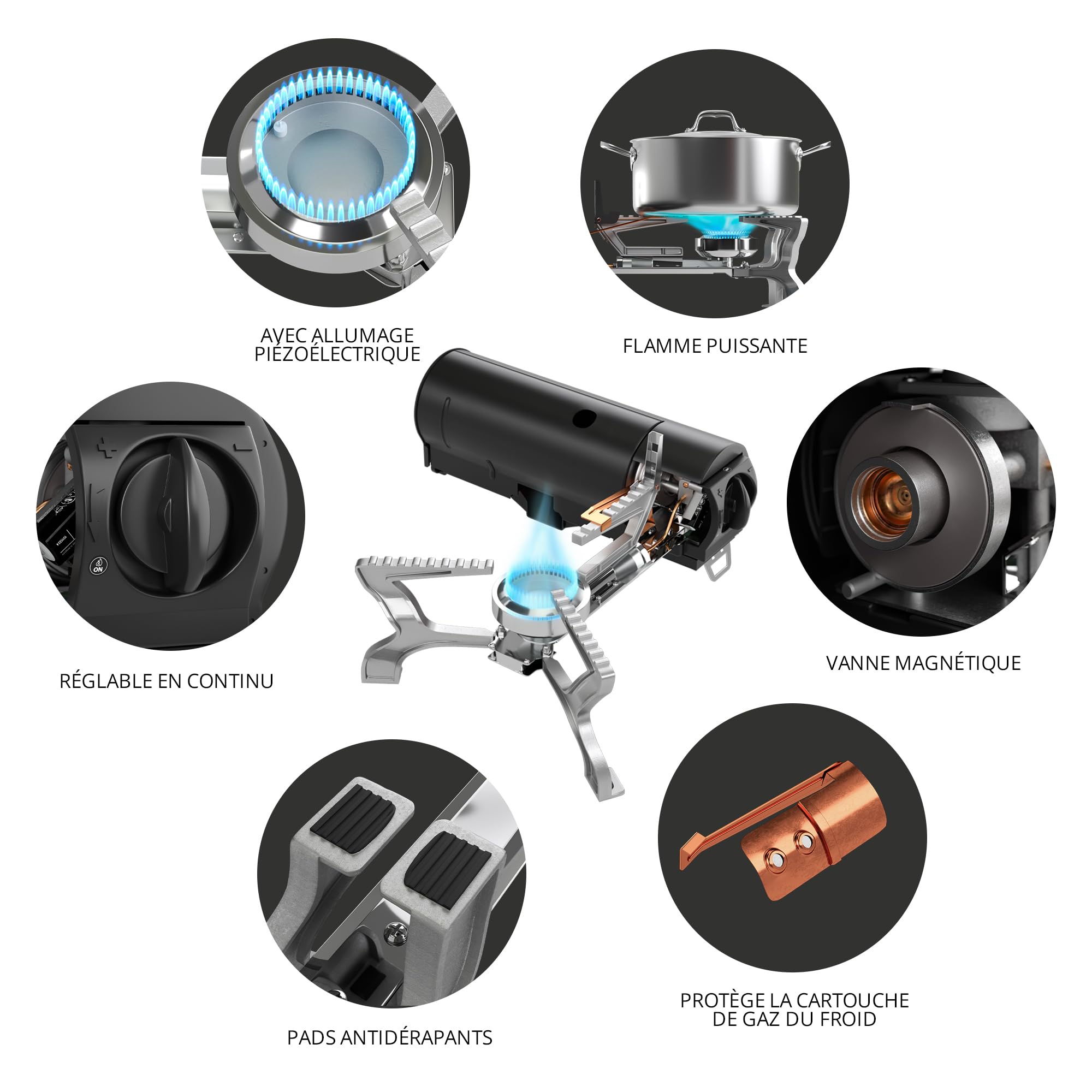 EVOCAMP Réchaud de Camping Compatible Avec Cartouches de Gaz 227g - Pliable Avec Sac de Transport, Plaque Chauffante et Allumage Piézoélectrique pour Intérieur/Extérieur