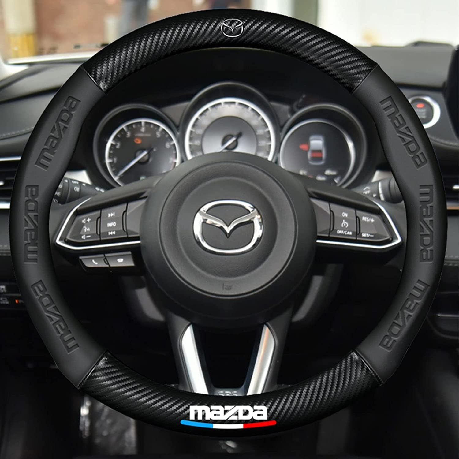 GTPASSRAY Customized Car Steering Wheel Cover, Leather&Carbon Fiber Texture Black Steering Wheel