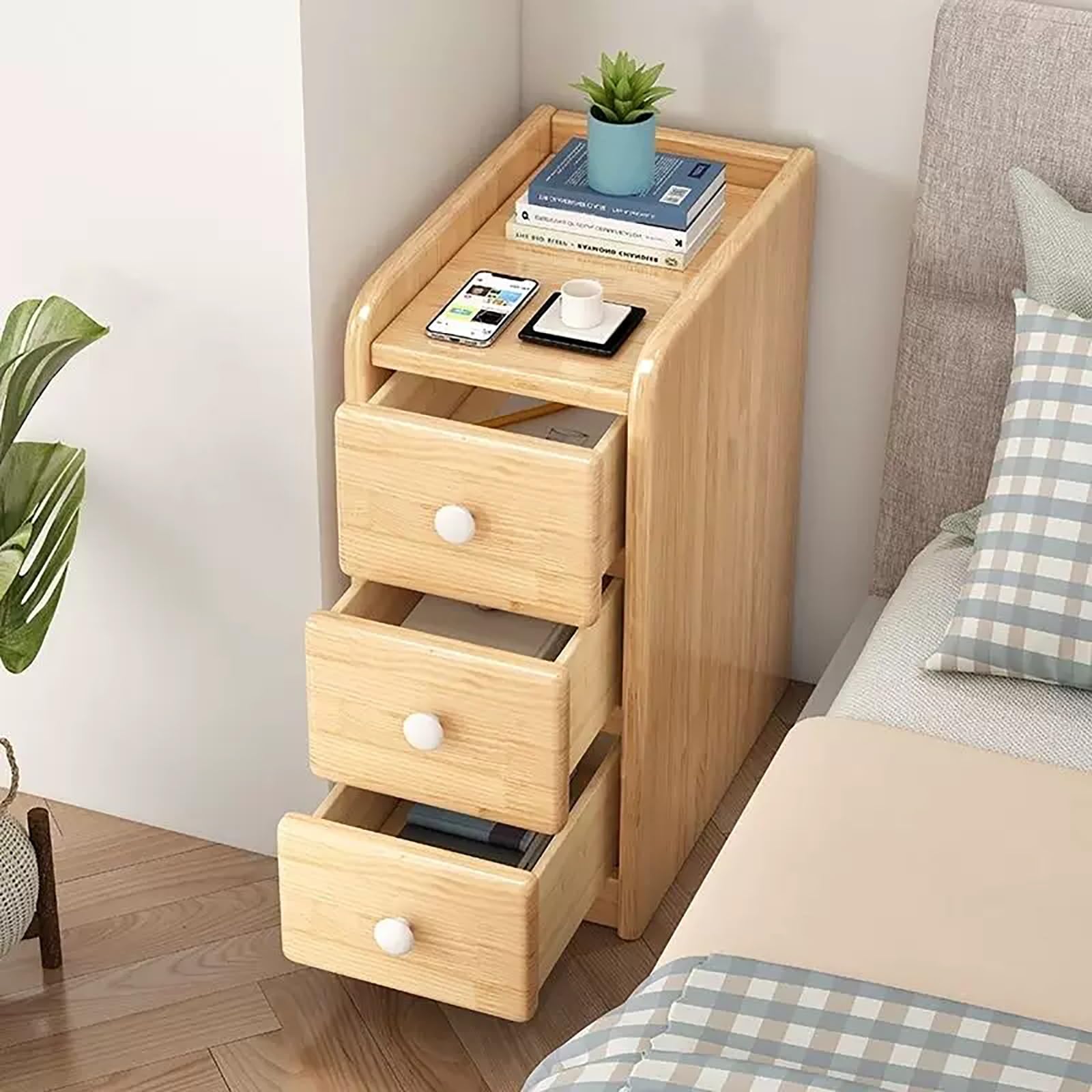 SXZenSpace Narrow Nightstand with 3 Drawers Modern Night Stand Open Storage Shelf Solid Wood Bedside Table for Bedroom Living Room(30x30x56.5cm)
