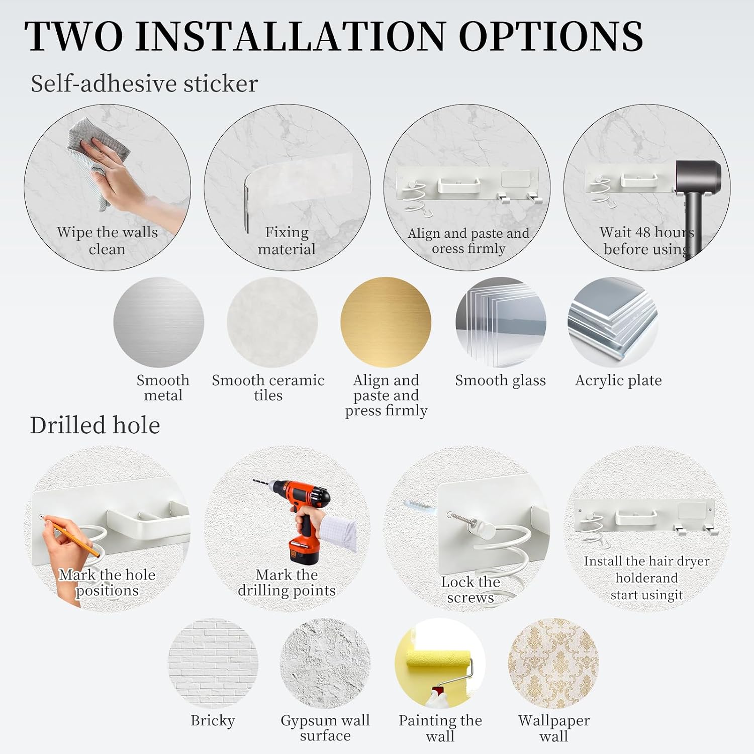 Hair Dryer Holder Wall Mounted Curling Iron Holder Flat Iron Blow Dryer Holder 3 in 1 Hair Tool Organizer Rack for Bathroom (White-B)