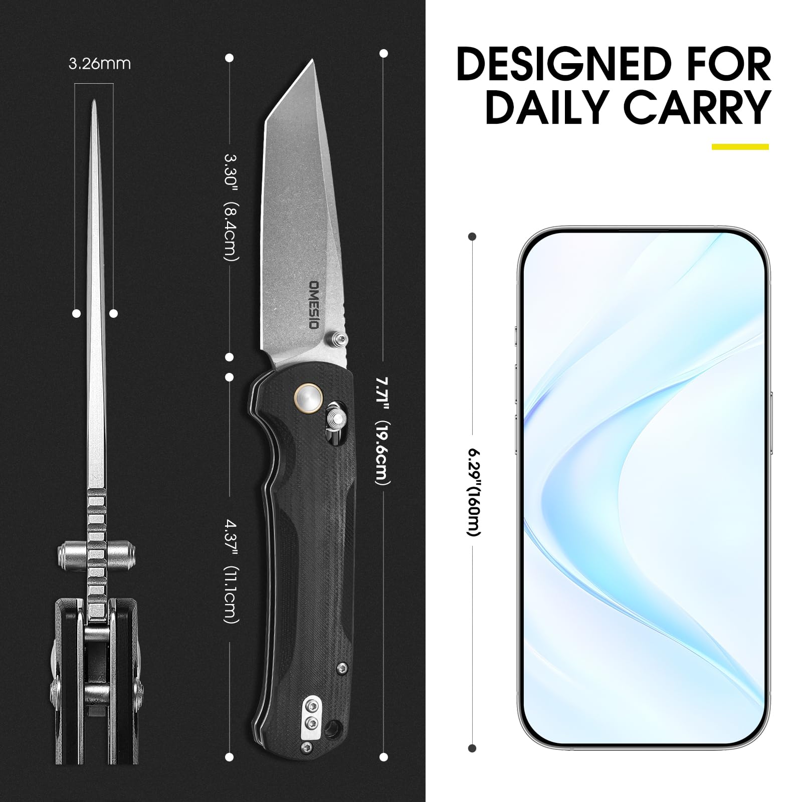 Omesio Couteau pliant M-LB21 Tanto, lame en acier 14C28N, manche en G10, conception légère, étui en nylon inclus, longueur de lame 8,4 cm, idéal pour le camping en plein air.