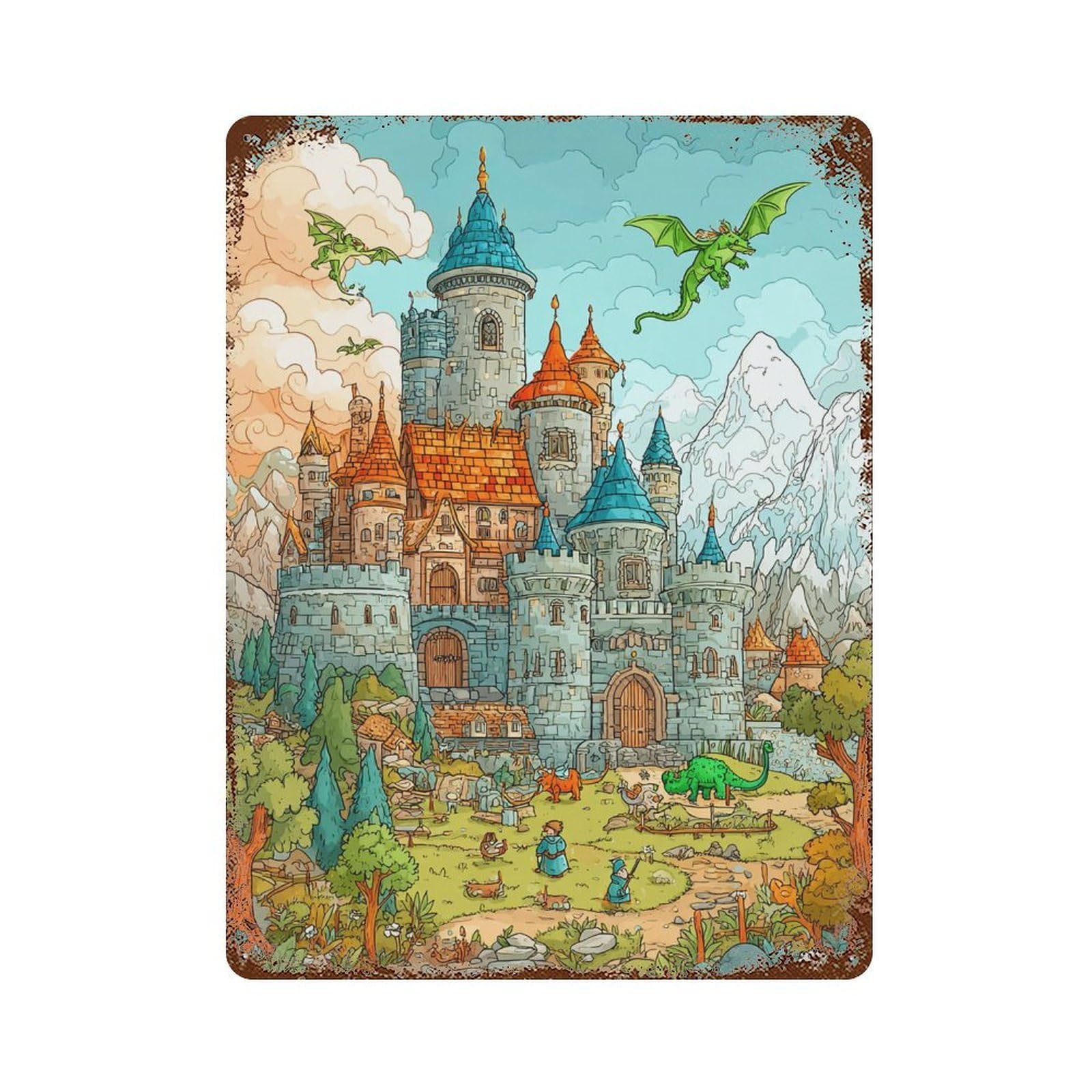 Rust Effect Tin Sign with Fantasy Castle Adventure-4 Design 15.7"x11.8", for Pub, Kitchen And Man Cave Decor, Industrial Home Decor
