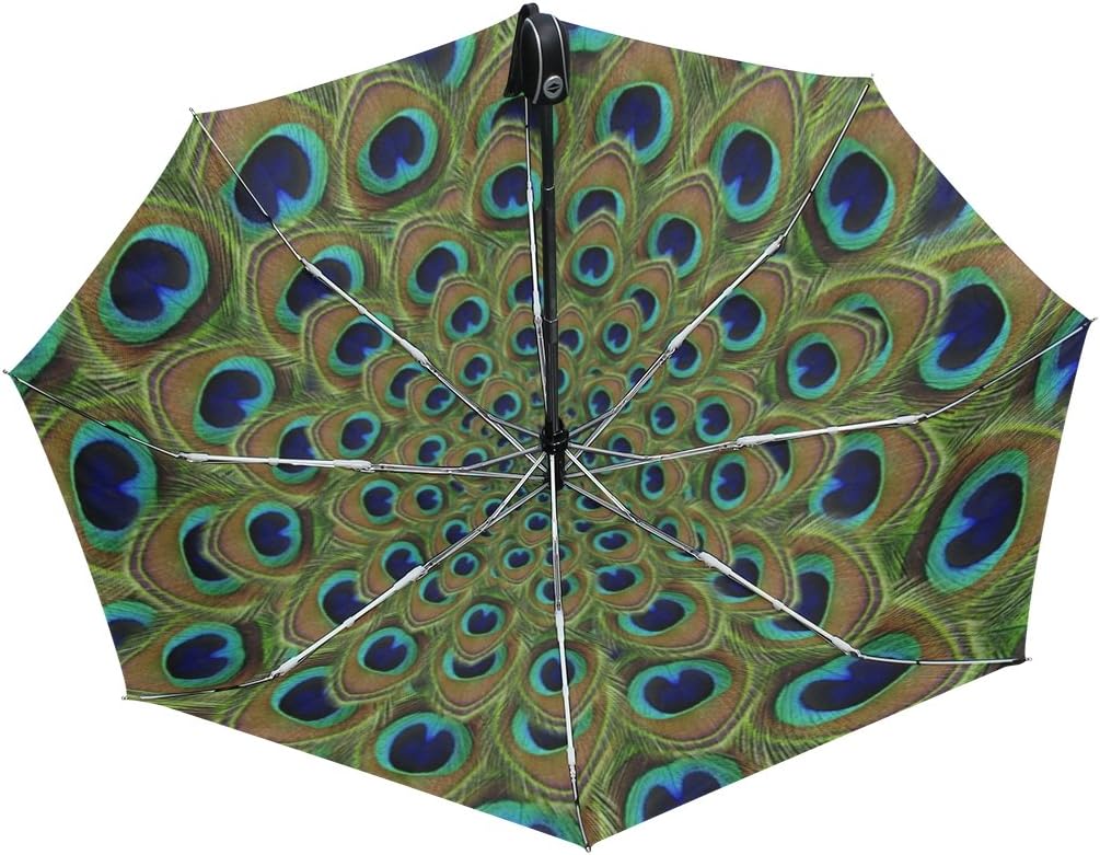 WOZO Green Mandala Feather Peacock 3 Folds Auto Open Close Umbrella