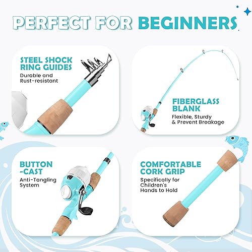 Miniatura 3 de Caña de Pescar para Niños, Cañas de Pescar Telescópicas Portátiles para Niños y Niñas, Kit Combinado de Caña de Pescar y Carrete con Caja de Menta,
