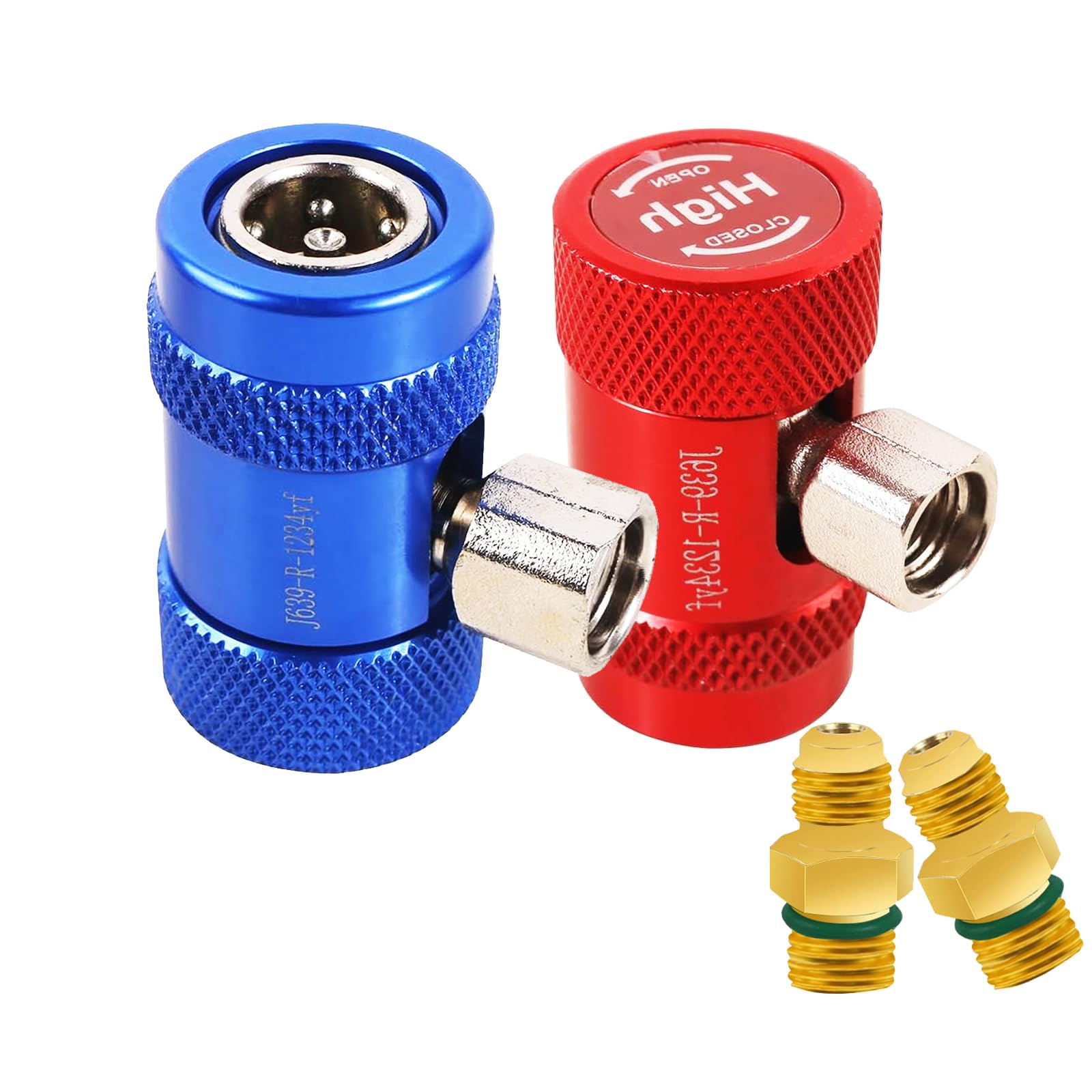 Klimagas R1234YF - Adattatore, 2 pezzi, refrigerante per auto, alto e basso, regolabile, 1/4", AC R1234YF, spina adattatore per aria condizionata, attacco rapido, manometro