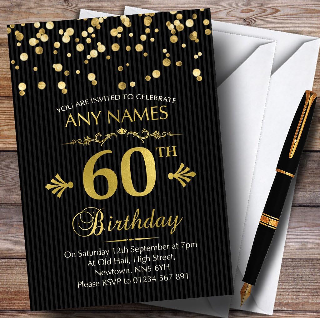 Gold Confetti Black Striped 60th Personalized Birthday Party Invitations