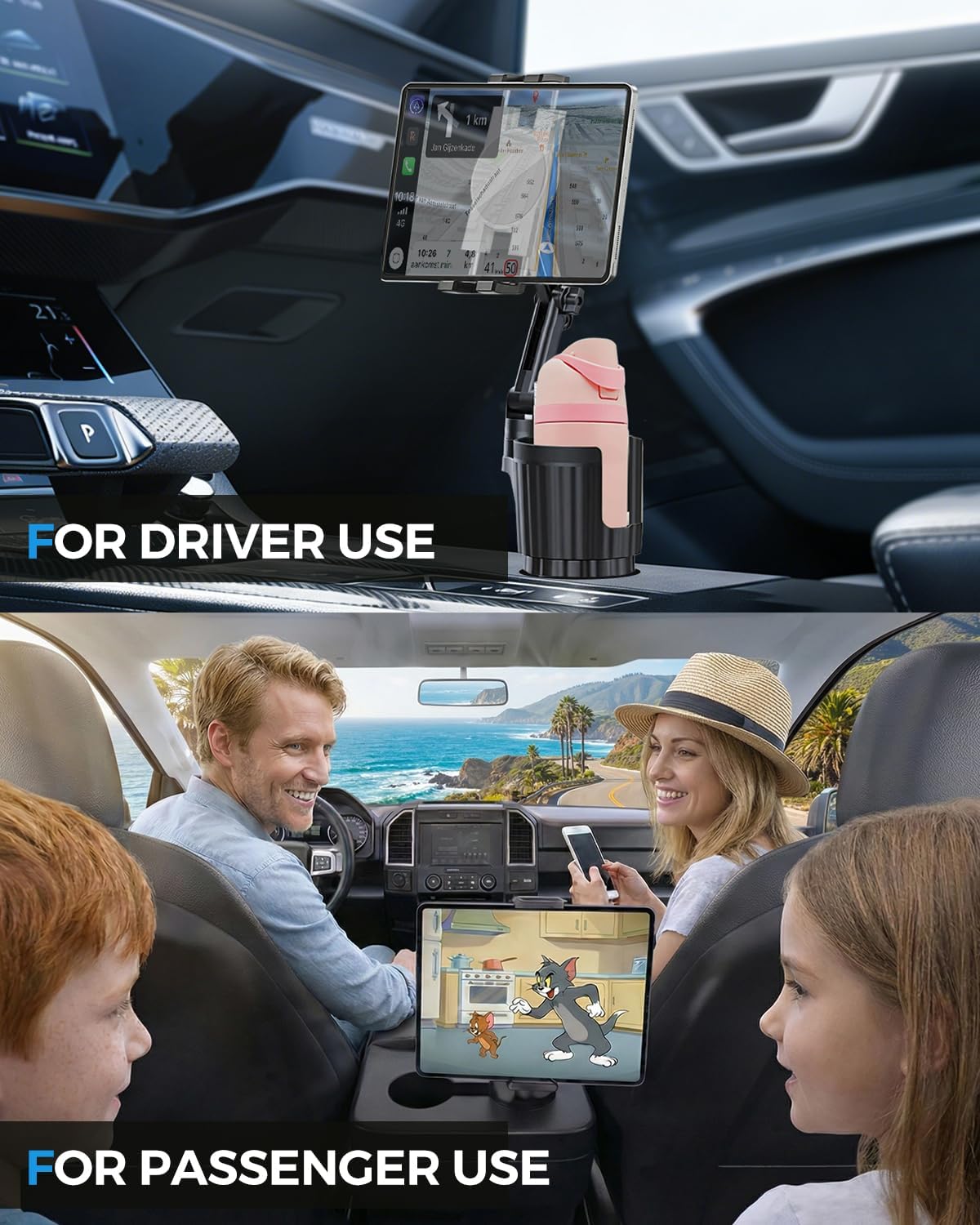 Profortop 2-in-1 Cup Holder Tablet Mount Expander, 2-Section Foldable 15" Height Adjustable Arm & 360° Rotation, Universal Fit for iPad, iPhone, All Smartphones and Most Bottles for Car SUV Truck