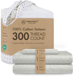 Threadmill Cotton Twin XL Sheet Set | 100% Cotton Sheets for Twin XL Size Bed | Damask Jacquard Sateen Twin XL Bed Sheets Set with 16” Deep Pocket | Soft Breathable 3-Piece Cooling Sheets | Light Grey