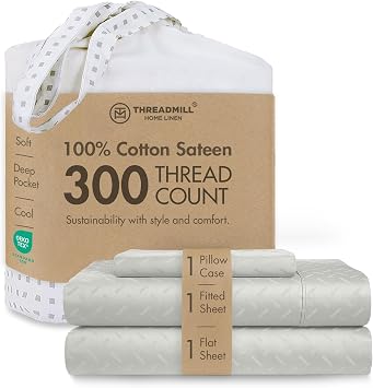 Threadmill 300TC Cotton Twin XL Sheet Set, Sateen, Jacquard, Light Grey | 100% Cotton, Sateen Weave, Jacquard Pattern, 3-Piece Set, 16" Deep Pocket, Cooling, Breathable, OEKO-TEX Certified