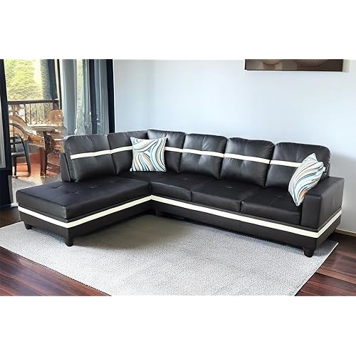 L Shaped Sectional Sofa, 2 Piece Black Faux Leather Sofa Set for Room with Chaise (Black-3, Left Facing Chaise)