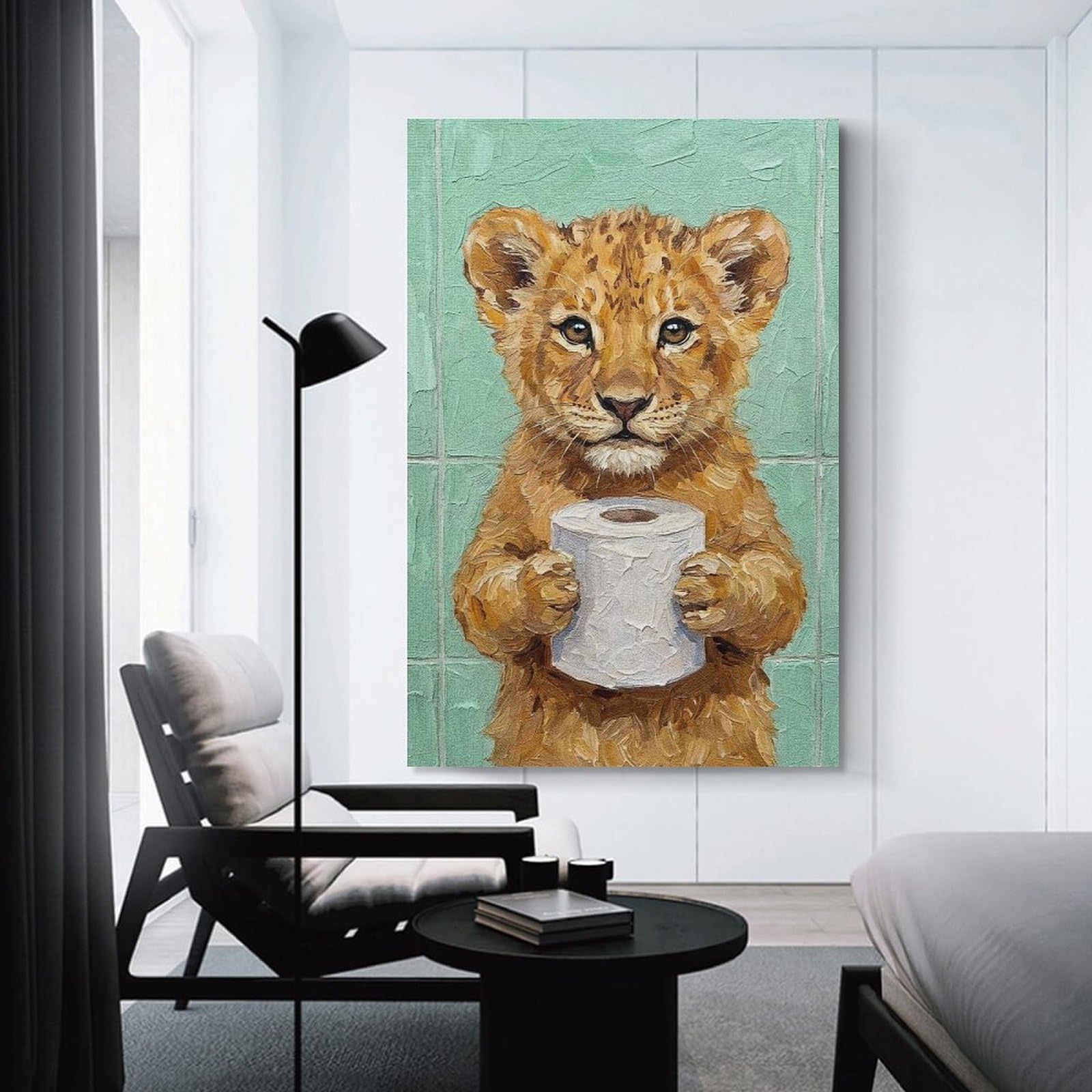 Junmoney Lion Cub with Toilet Paper Painting Room Decor Wall Art 12x18inch(30x45cm), for Entrance Walls, Hall Decor Or Foyers, A Neat Decor Update for Hallways