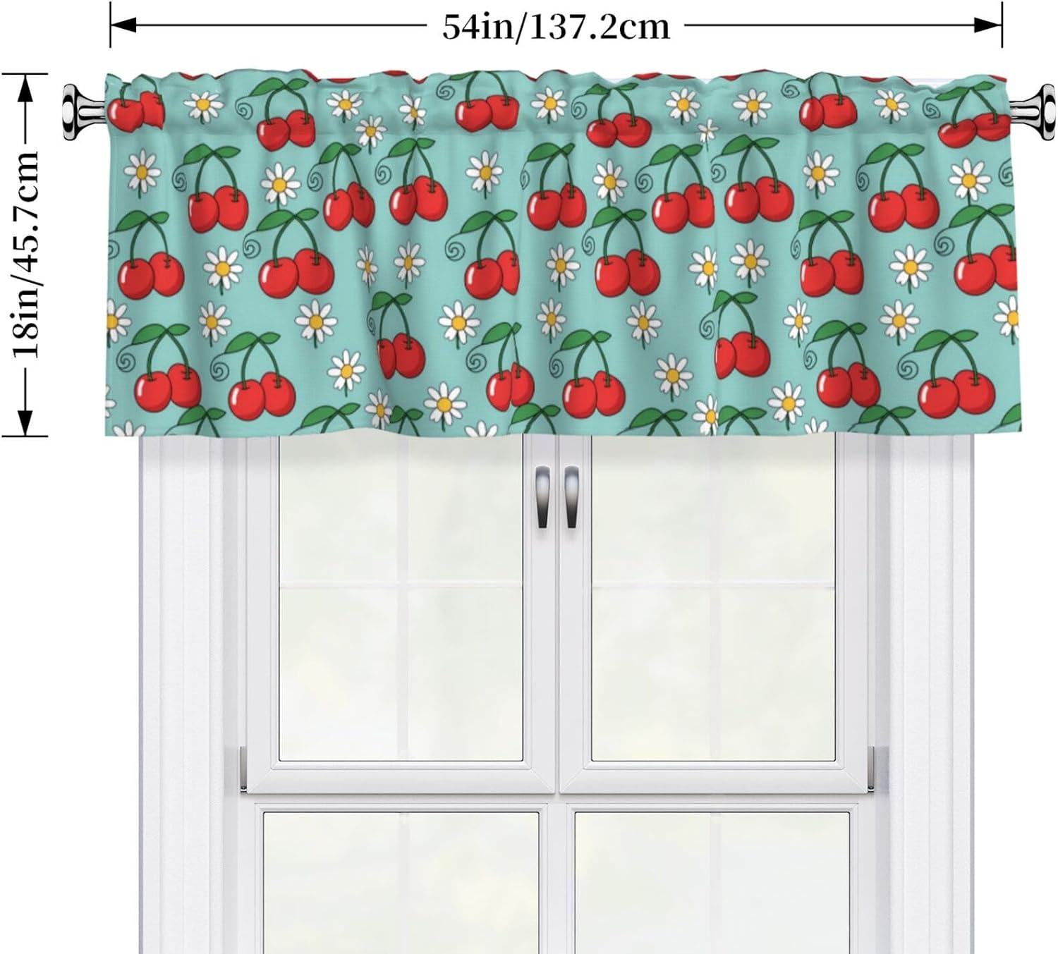 Valance for Windows Retro Red Cherry White Daisy Teal Decorative Rod Pocket Kitchen Curtain Valances Short Window Valance Curtains for Living Room Bedroom Bathroom 1 Panel 54x18Inch