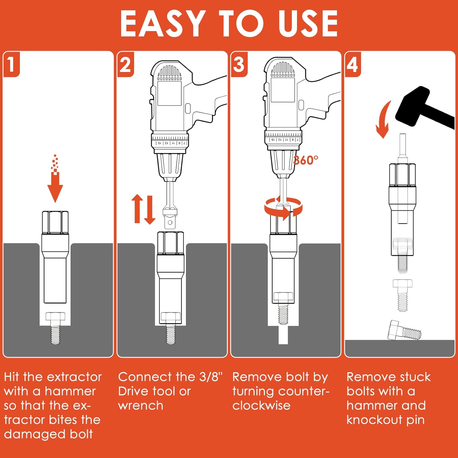 Bolt Extractor Set, 11 Pcs 3/8" Drive Spark Plug Extractor Socket, Impact Extraction Socket Set for Removing Broken, Damaged, Frozen, Rusted, Or Rounded-Off Bolts, Nuts, Screws, Studs, T38210