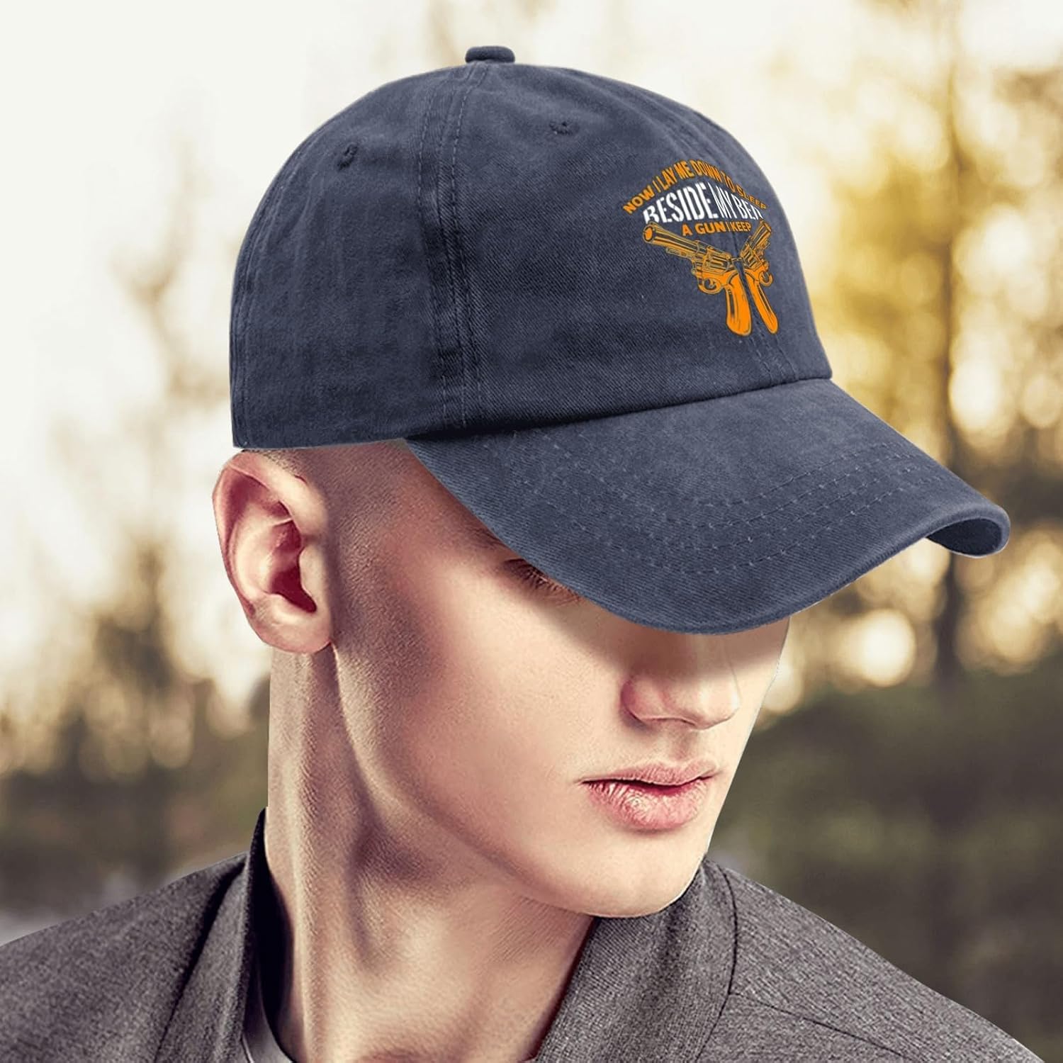 Now I Lay Me Down to Sleep Beside My Bed A Gun I Keep Hat Mens Trendy Now I Lay Me Down to Sleep Gun Running Hat image 4
